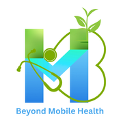 A logo for beyond mobile health with a stethoscope around the letter m