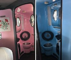 Vista do interior dos sanitários de um ônibus da viação São Bento