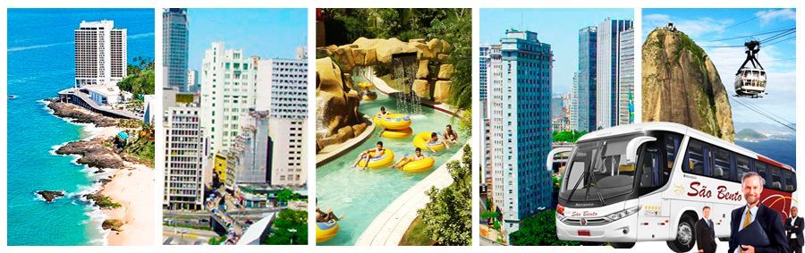 Colagem de atrações do Rio de Janeiro: praia, prédios da cidade, parque aquático, Pão de Açúcar, ônibus.