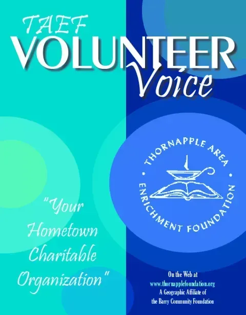 TAFF Volunteer Voice magazine cover with blue and teal design and Thornapple Area Enrichment Foundation logo