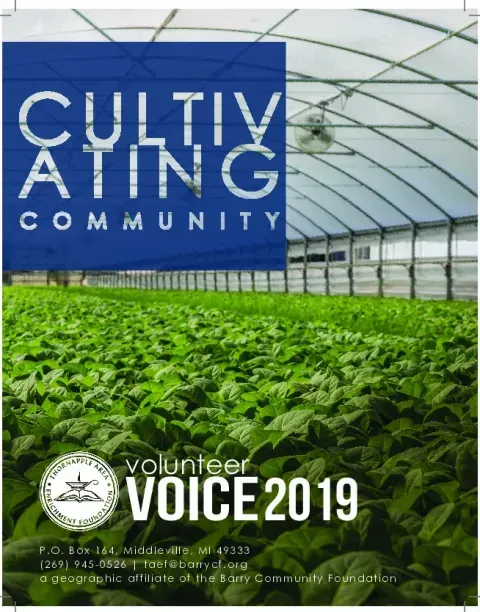 Cultivating Community volunteer voice 2019 poster with greenhouse and green crops