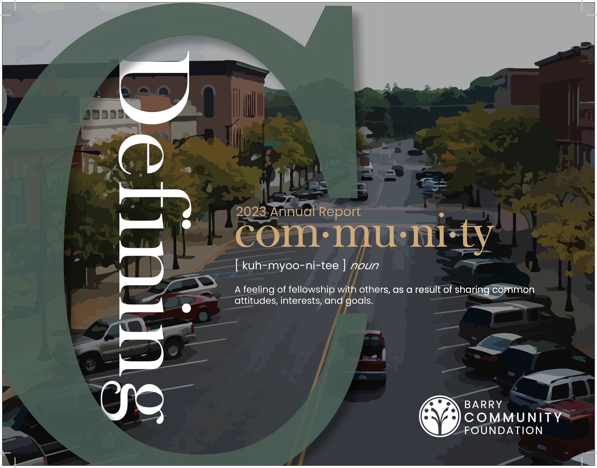Poster reading “Defining community” over a street scene with buildings and cars, in green and beige tones.