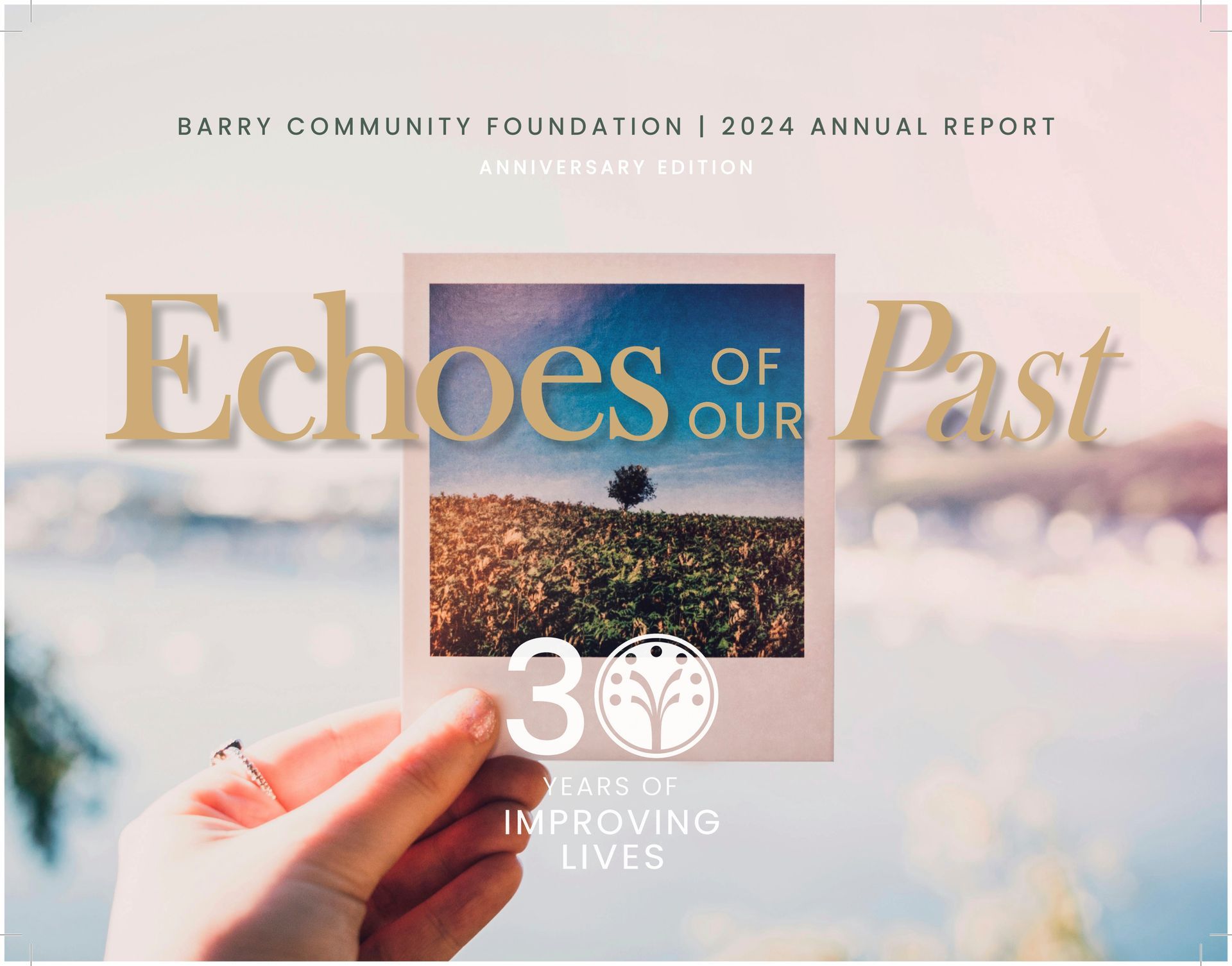 Annual report cover with a hand holding a photo card and the title “Echoes of Our Past”