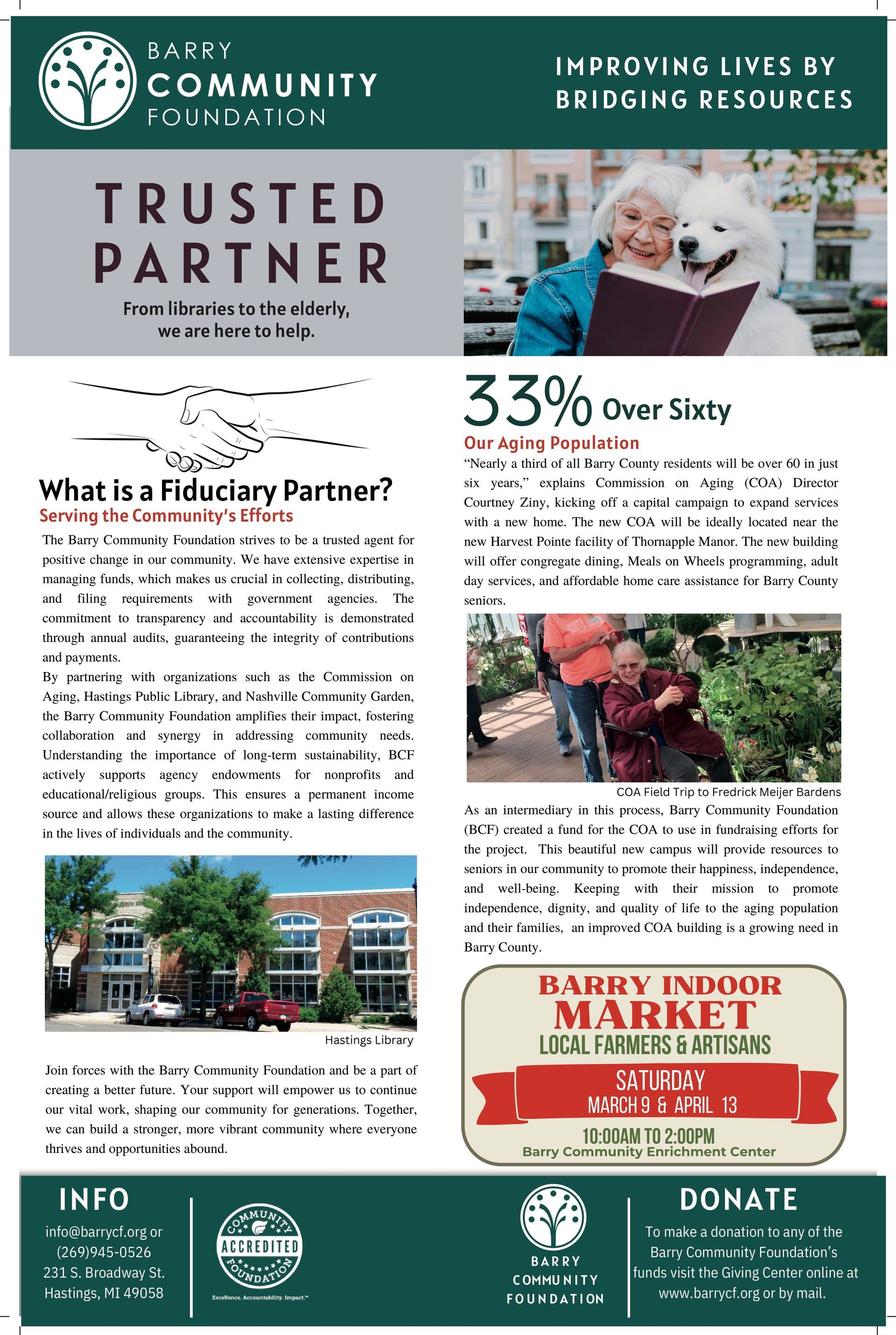 Community Partners flyer promoting trusted partner donations, food support, and a farm market