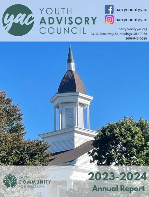 Youth Advisory Council 2023-2024 annual report cover with church steeple under blue sky