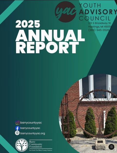 2025 annual report cover for Youth Advisory Council with green geometric design and campus photo