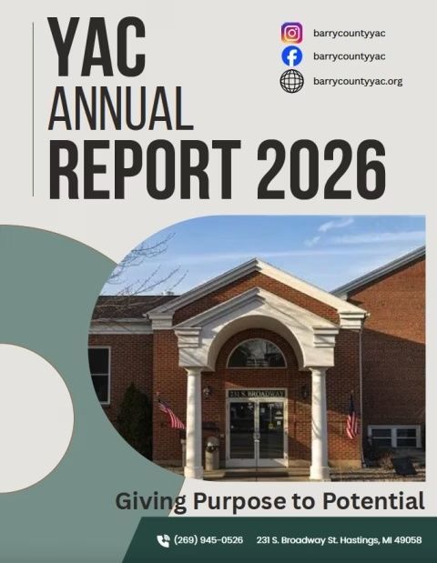 YAC Annual Report 2026 cover with building photo and “Giving Purpose to Potential” tagline