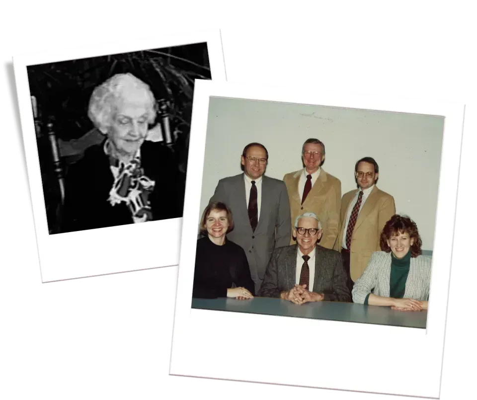 Two overlapping snapshots: an elderly woman in black-and-white, and a group posing around a seated man at a table