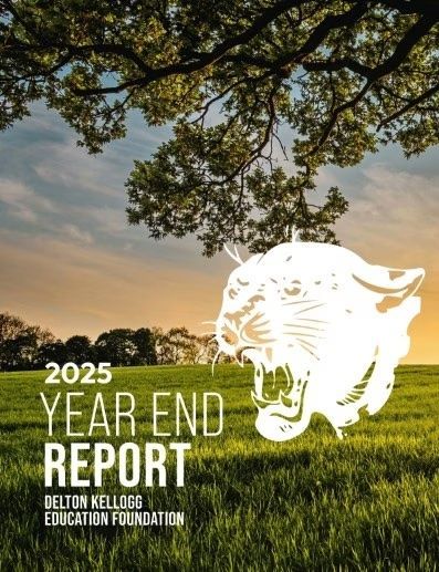 2025 Year End Report cover with white tiger over a green field at sunset, under tree branches