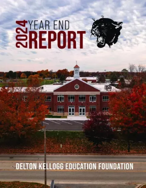 2024 year-end report cover for Delton Kellogg Education Foundation with school building and autumn trees