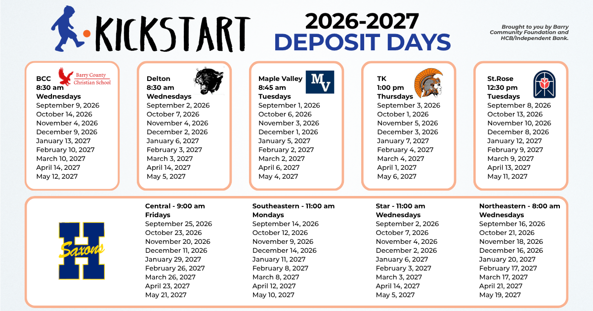 Kickstart 2026-2027 deposit days schedule poster with multiple school logos and dates on a white background