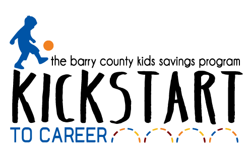 Barry County Kids Savings Program logo with blue child kicking an orange dot, text “KICKSTART TO CAREER”