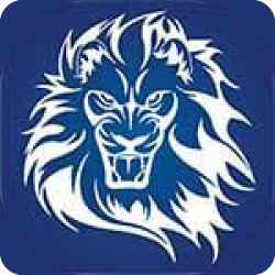 White lion head logo on a blue square background