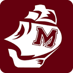 Maroon square logo with a white stylized ship and letter M