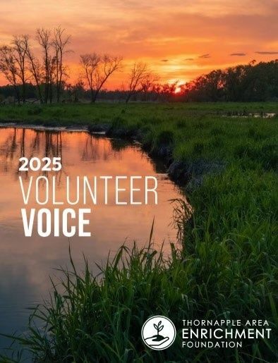 2025 Volunteer Voice cover over sunset river landscape with Thornton Area Enrichment Foundation logo