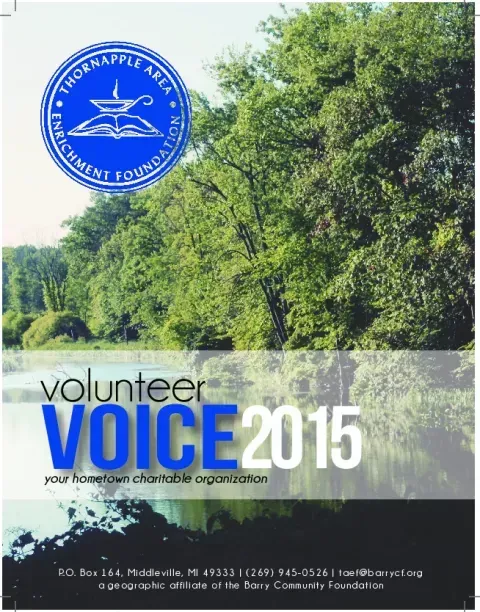 Volunteer Voice 2015 poster with blue logo over a green riverside landscape.