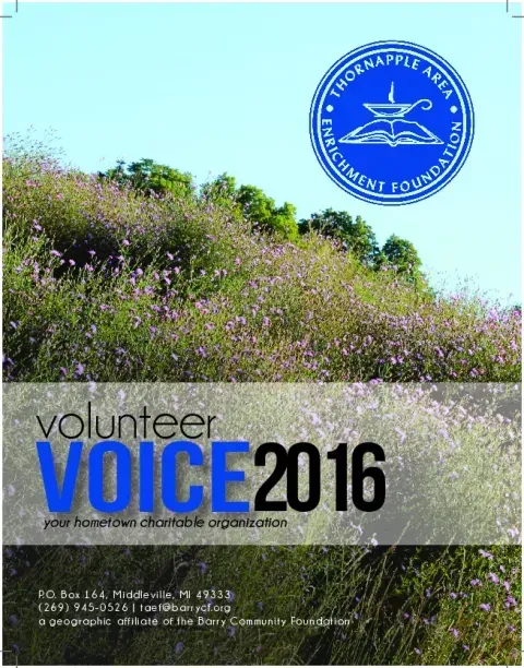 Volunteer Voice 2016 poster with blue logo over a hillside of wildflowers and trees