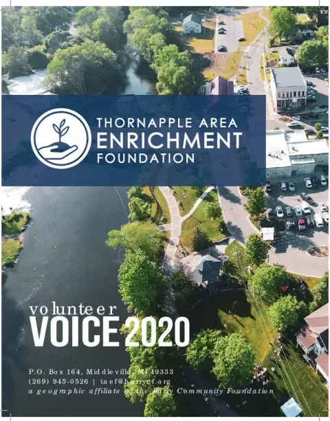 Thornapple Area Enrichment Foundation Volunteer Voice 2020 flyer over aerial neighborhood view
