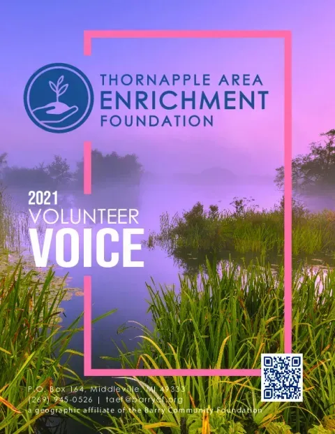 Thorndale Area Enrichment Foundation 2021 Volunteer Voice magazine cover with purple sky and plants, QR code