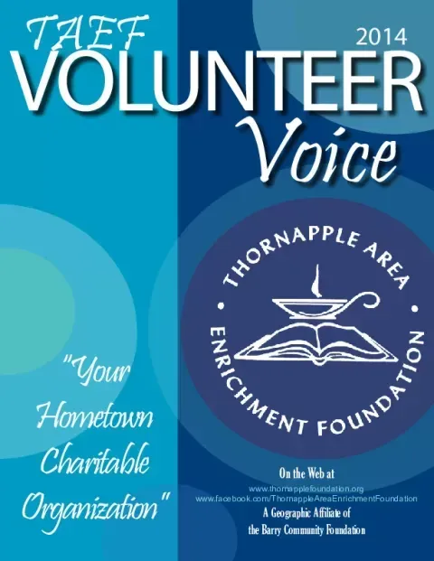 TAEF Volunteer Voice 2014 magazine cover, teal and blue with Thornapple Area Enrichment Foundation logo