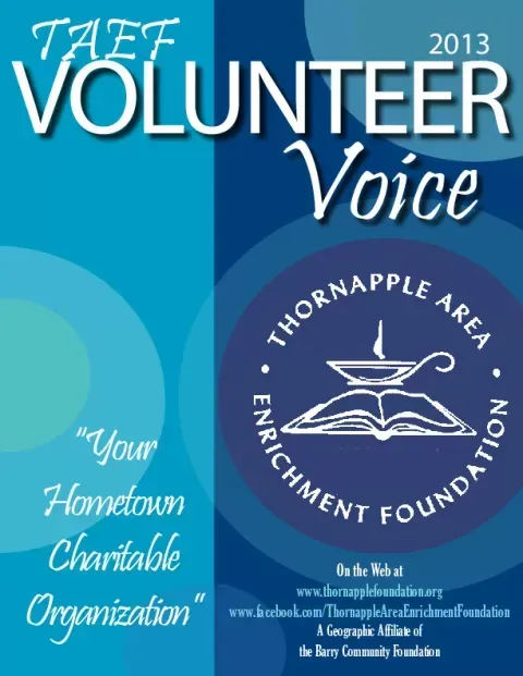 TaeF Volunteer Voice 2013 magazine cover in blue, featuring Thornapple Area Enrichment Foundation logo and “Your Hometown Charitable Organization”