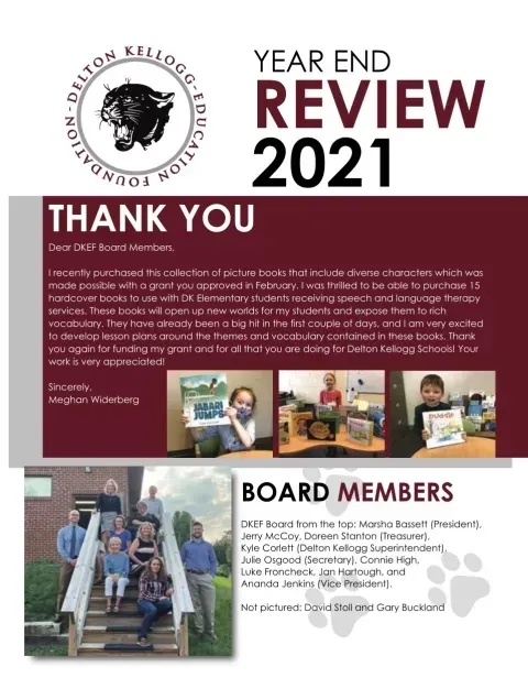 Year-end review 2021 thank you poster with organization photos and board members section