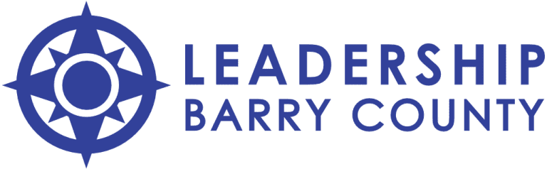 Leadership Barry County logo in blue with compass icon and text on white background