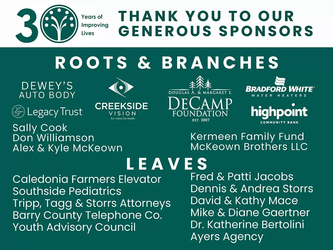 Thank-you banner listing generous sponsors for a 30th anniversary event, with roots and branches categories on teal background