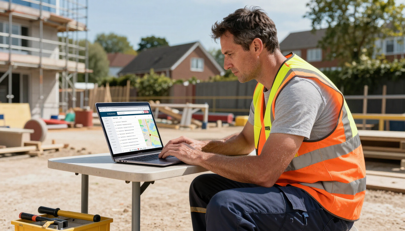 Construction worker in orange vest typing on laptop at a table on a building site