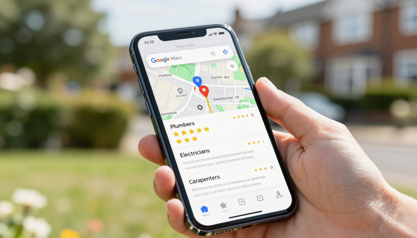 Hand holding a smartphone showing a Google Maps listing outdoors on a suburban street.