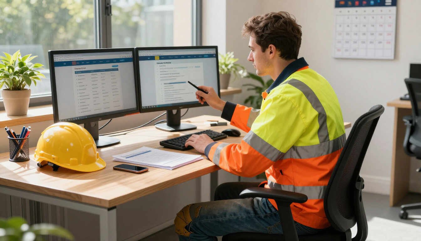 Worker in high-vis vest reviewing plans at a desk with dual monitors in an office