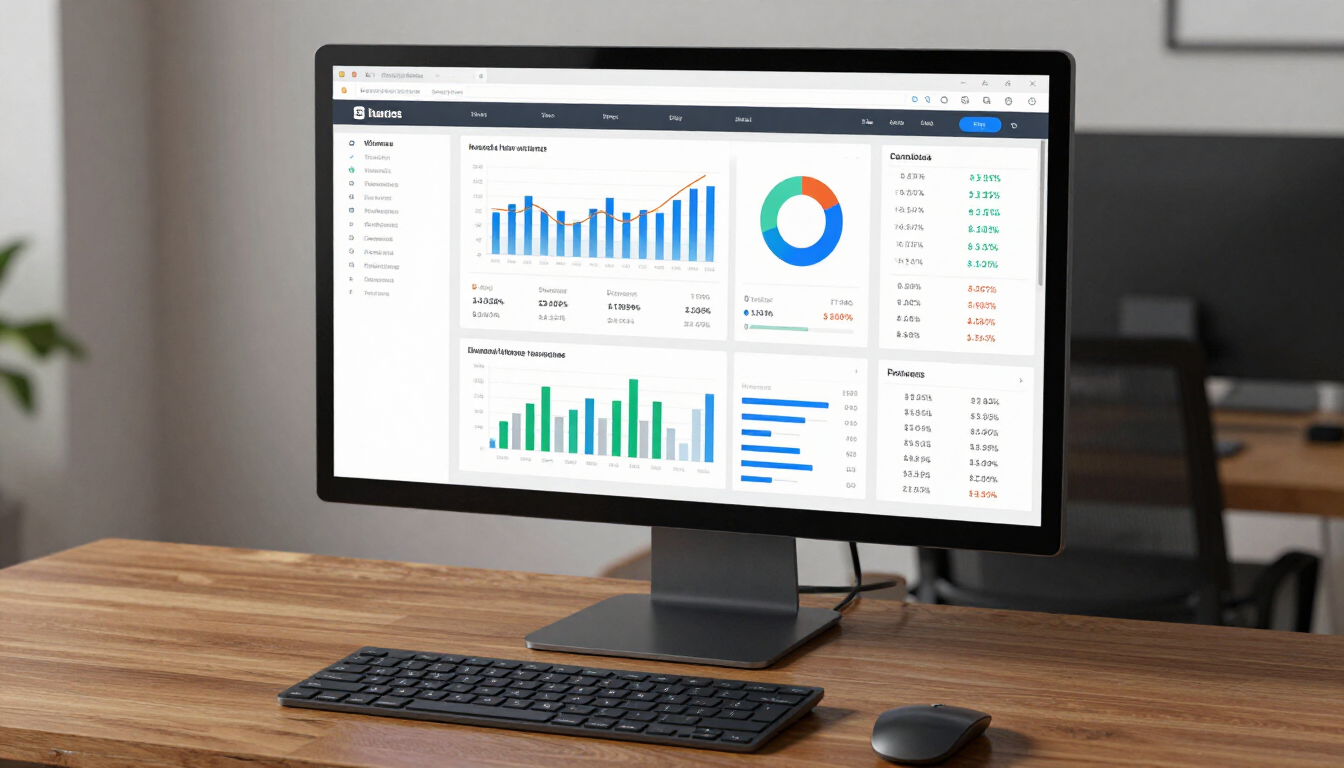 Desktop monitor displaying analytics dashboard with blue and green charts on a wooden desk