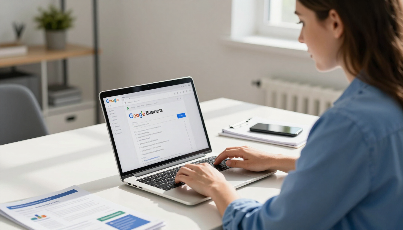 Person typing on a laptop at a desk in a bright office, with charts and papers nearby.