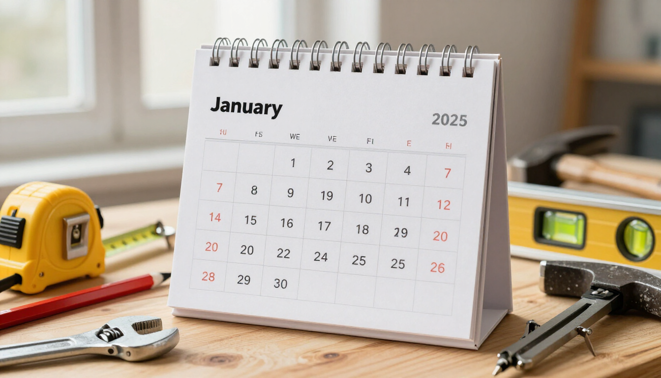 Desk calendar showing January 2025 with a tape measure, level, and tools on a wooden table