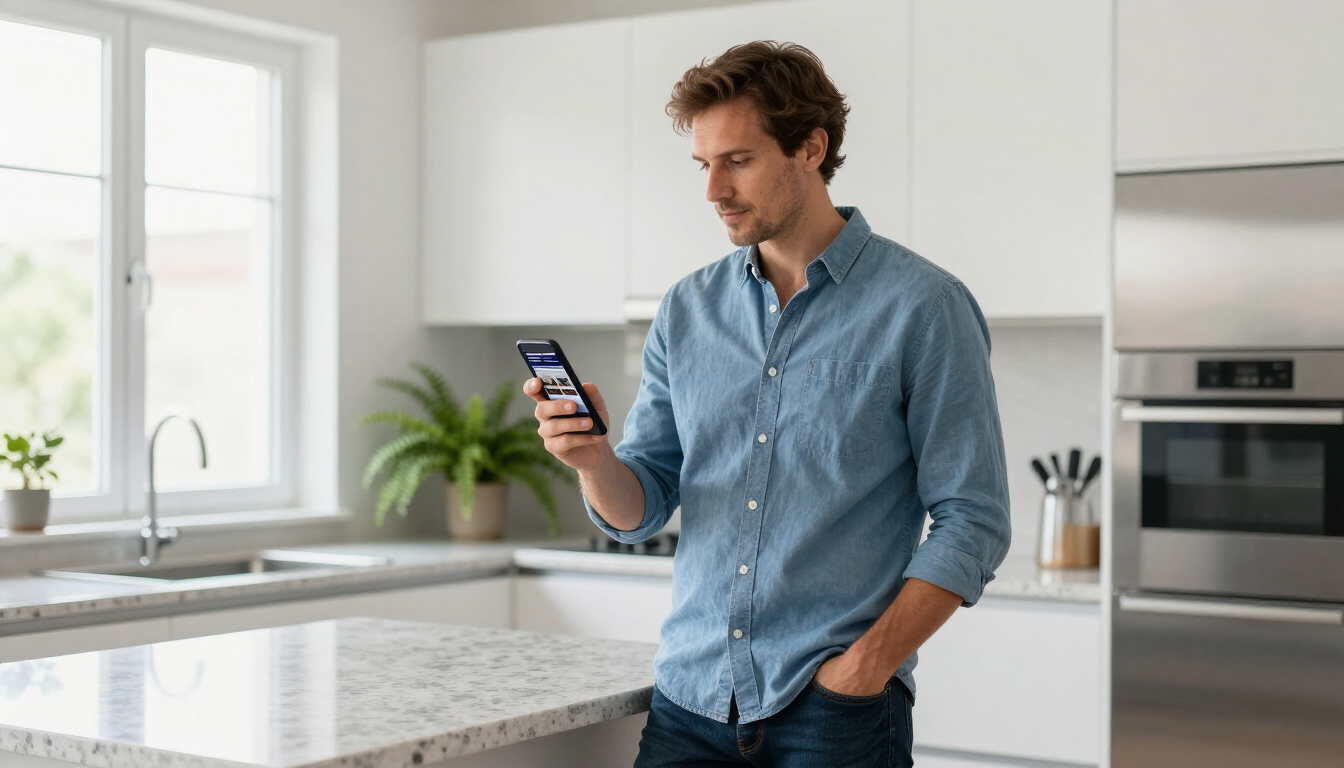Man in a blue shirt looking at his phone in a bright modern kitchen