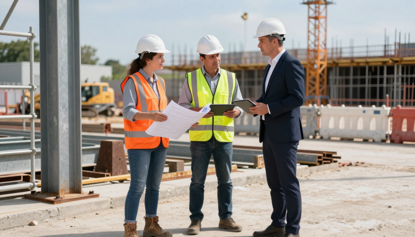 Three construction workers in hard hats review plans at an active building site.