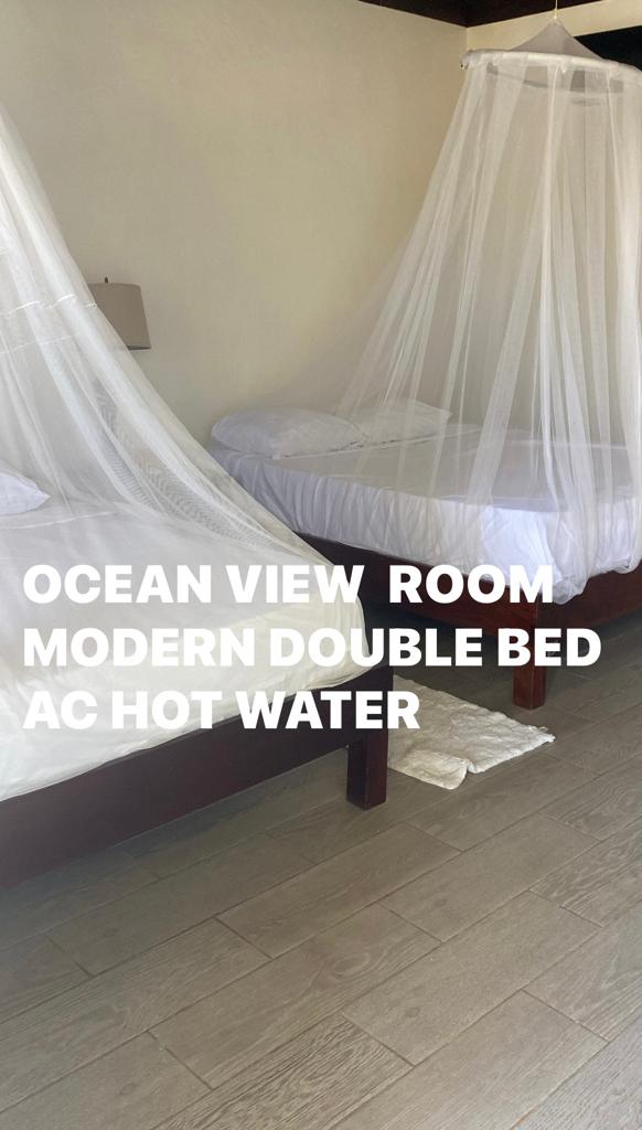 Two beds with mosquito nets in an ocean view room