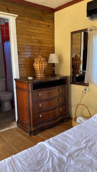 A bedroom with a bed , dresser , lamp and mirror.