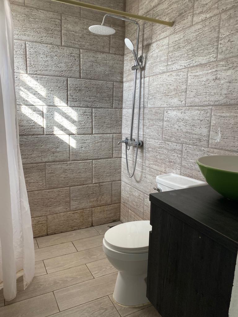 A bathroom with a toilet , sink and shower.