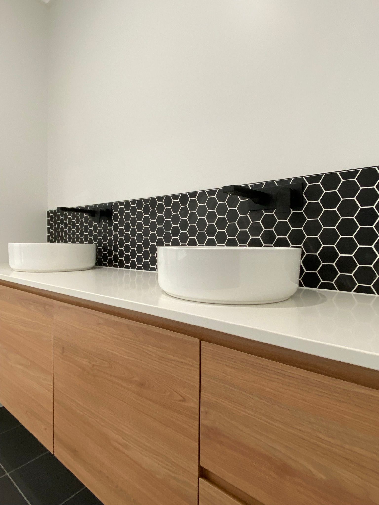 Two White Sink With Wooden Cabinets — Kitchen Renovations in Dubbo, QLD