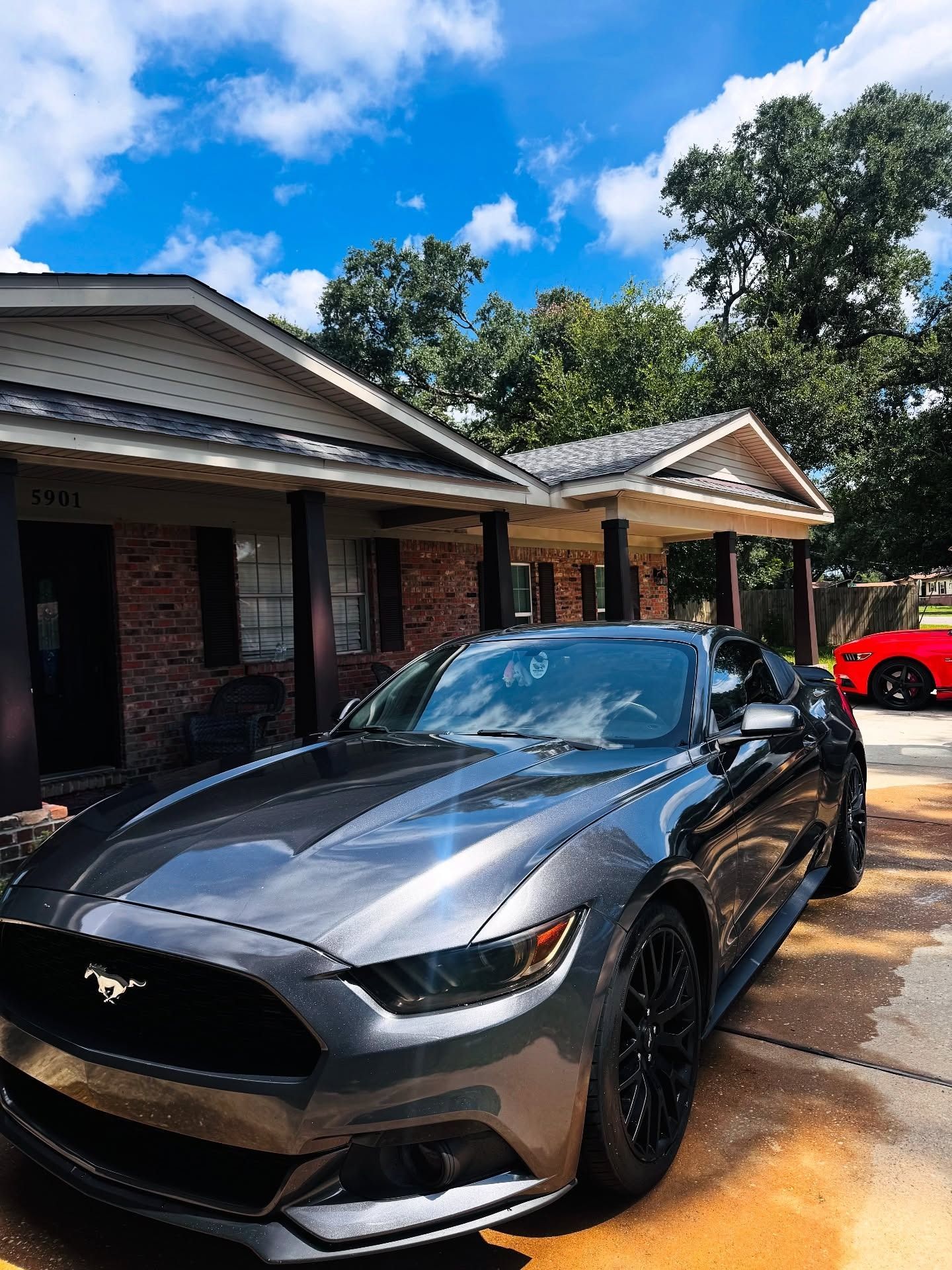Gray Ford Mustang parked in front of a brick house on a sunny day