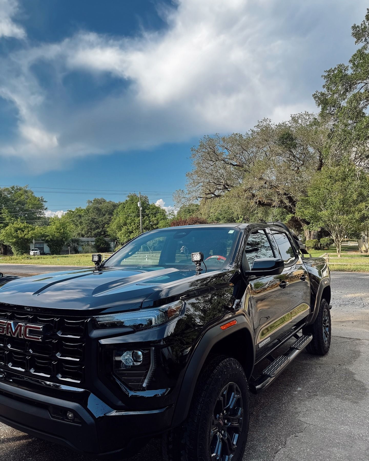 Black GMC pickup truck parked in a sunny park under a blue sky with trees and grass nearby