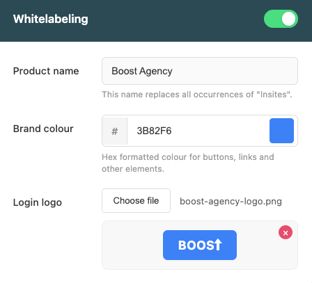 Whitelabeling settings show the ability to add the product name 