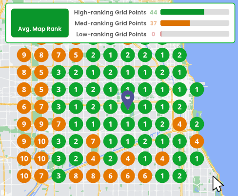 Bright Local Map shows Chicago with grid points ranked by colour: green (low), orange (medium), and brown (high) and the number on each point represents the business' position against competitors. 