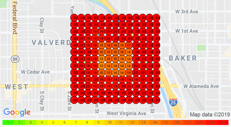 GeoGrid map of a Denver area, colour-coded by intensity, with red dots at various locations showing values from 5-20.