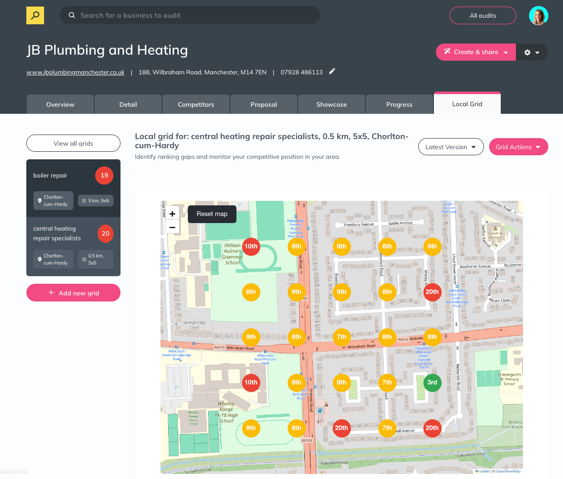 Screenshot from Insites Local Grid showing customer locations for JB Plumbing and Heating, marked by colour-coded pins to represent the ranking position in each area.