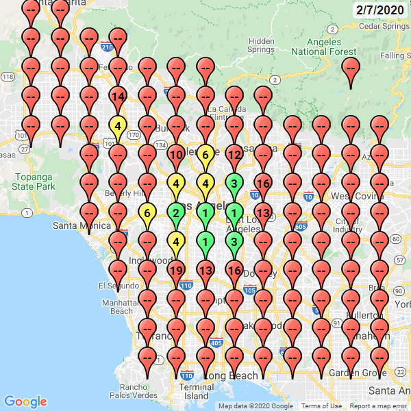 Places Scout Map show Los Angeles County locations with red and yellow markers, some with numerical values to showcase a business position in that area.