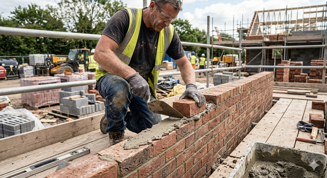A worker in a high-visibility vest kneels on a wooden plank, laying bricks with a trowel on a construction site.