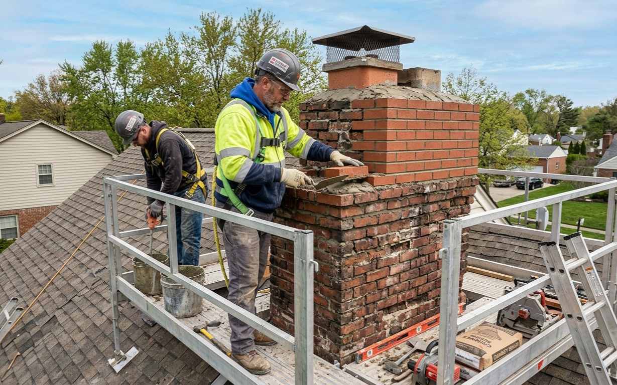 Two construction workers in safety gear repair a brick chimney on a sloped roof while standing on metal scaffolding.