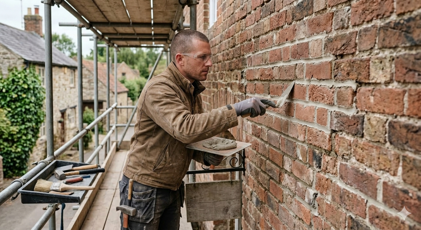 A person in a brown jacket stands on scaffolding, using a trowel to apply mortar between bricks on an old building wall.